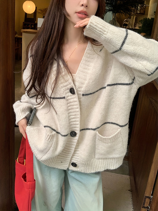Sixsr Striped Button Front Cardigan, Casual Long Sleeve Drop Shoulder Outwear, Women's Clothing