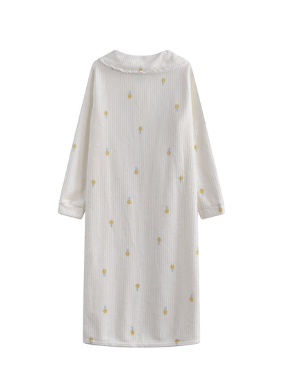 Sixsr Pineapple Print Fuzzy NightDress, Long Sleeve Lapel Pajama Dress, Women's Sleepwear & Dresses