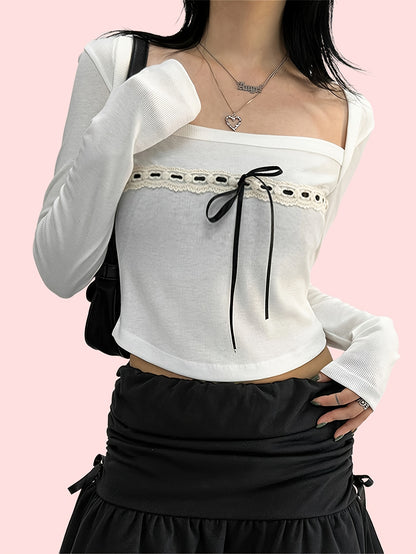 Sixsr Tie Front Square Neck T-Shirt, Casual Long Sleeve Top For Spring & Fall, Women's Clothing