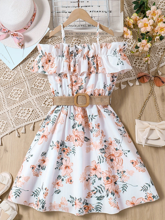 Sweet Girls Flora Print 2pcs Set Ruffle Trim Cami Top + Skirt With Belt Set For Spring Summer Party