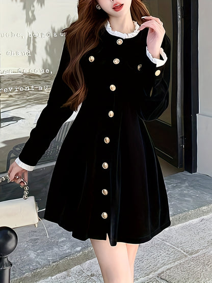 Sixsr Solid Button Front Waist Velvet Dress, Elegant Long Sleeve Frill Trim Dress, Women's Clothing