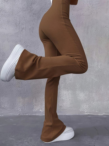 Sixsr Casual Rib Simple Slim Leggings Pants, Solid High Waisted Fashion Fall & Winter Long Pants, Women's Clothing