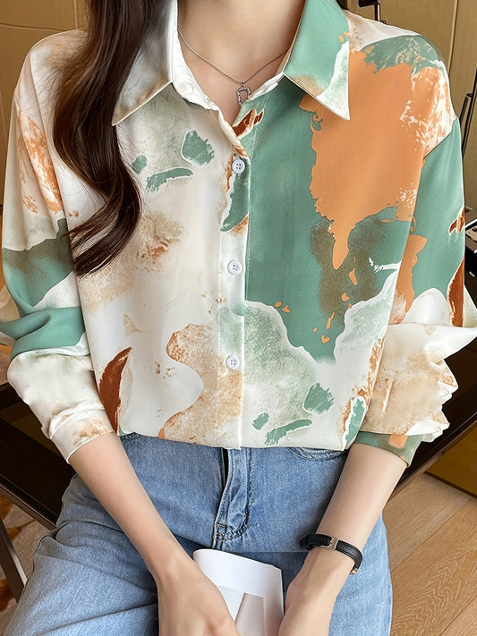 Sixsr Floral Print V-neck Lapel Blouses, Casual Loose Button Down Long Sleeve Fashion Shirts Tops, Women's Clothing