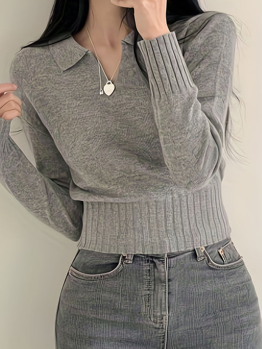 Sixsr Solid Notched  Collar Pullover Sweater, Casual Long Sleeve Crop Sweater For Spring & Fall, Women's Clothing