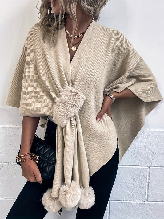 Fluffy Cape Cardigan, Casual V Neck Solid Knit Sweater, Women's Clothing