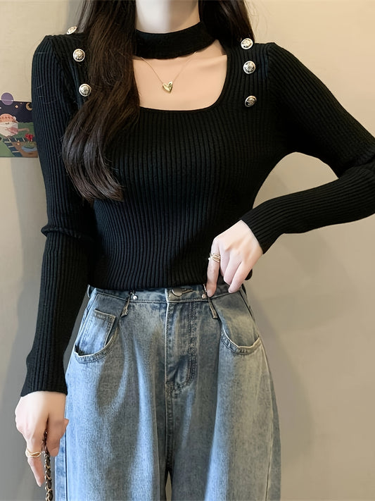 Sixsr Solid Cut Out Rib Knit Top, Casual Button Long Sleeve Slim Sweater, Women's Clothing