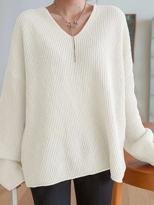 Sixsr Textured Solid V Neck Pullover Sweater, Casual Long Sleeve Sweater For Spring & Fall, Women's Clothing