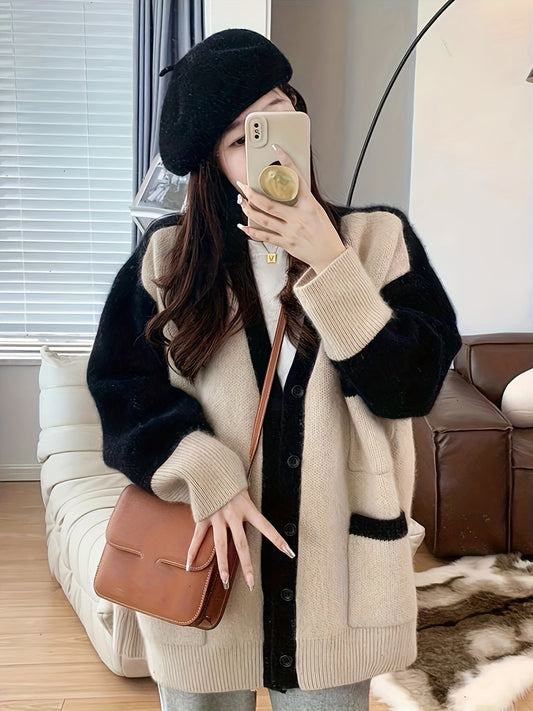 Sixsr Contrast Color Button Front Sweater Cardigan, Oversized V-neck Sweater For Fall & Winter, Women's Clothing