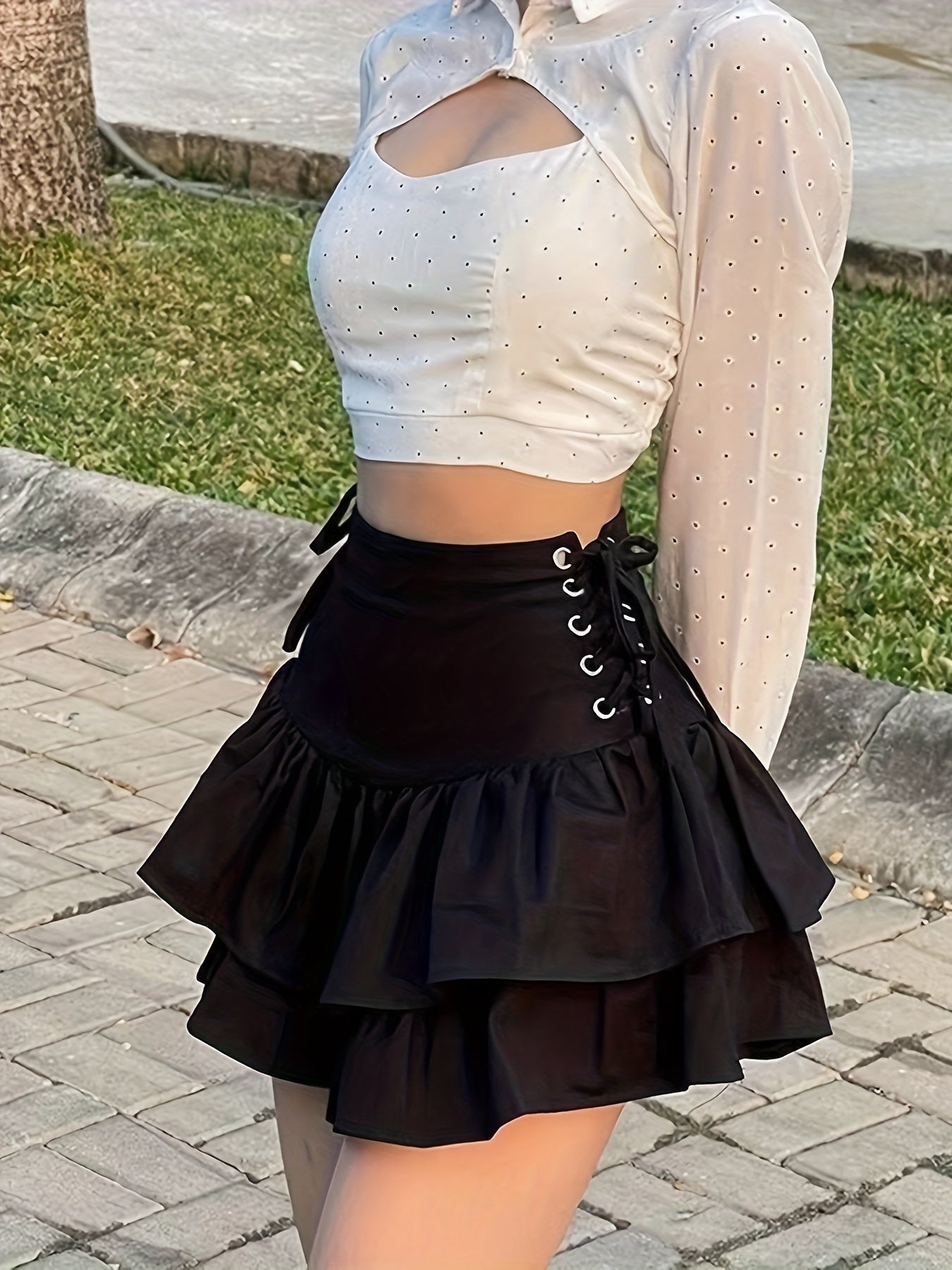 Sixsr  Drawstring Layered Skirts, Sexy High Waist Ruffle Hem Skirts, Women's Clothing