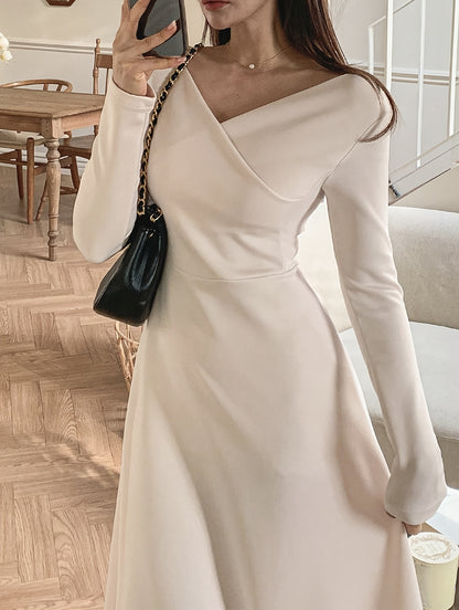 Sixsr Solid A-line Dress, Elegant V Neck Long Sleeve Dress For Spring & Fall, Women's Clothing