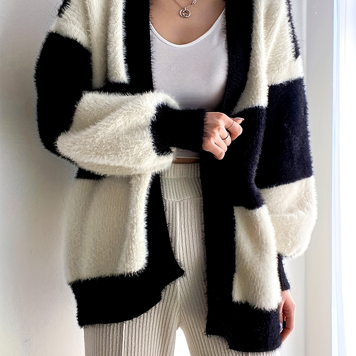 Sixsr Loose Color Block Cardigan, Casual Long Sleeve Cardigan For Fall & Winter, Women's Clothing