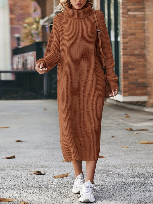 Sixsr Turtleneck Ribbed Sweater Dress, Casual Solid Long Sleeve Midi Dress, Women's Clothing