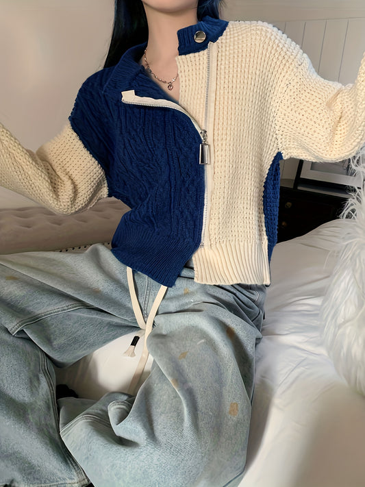 Sixsr Color Block Zip Up Knit Cardigan, Casual Long Sleeve Stylish Sweater, Women's Clothing
