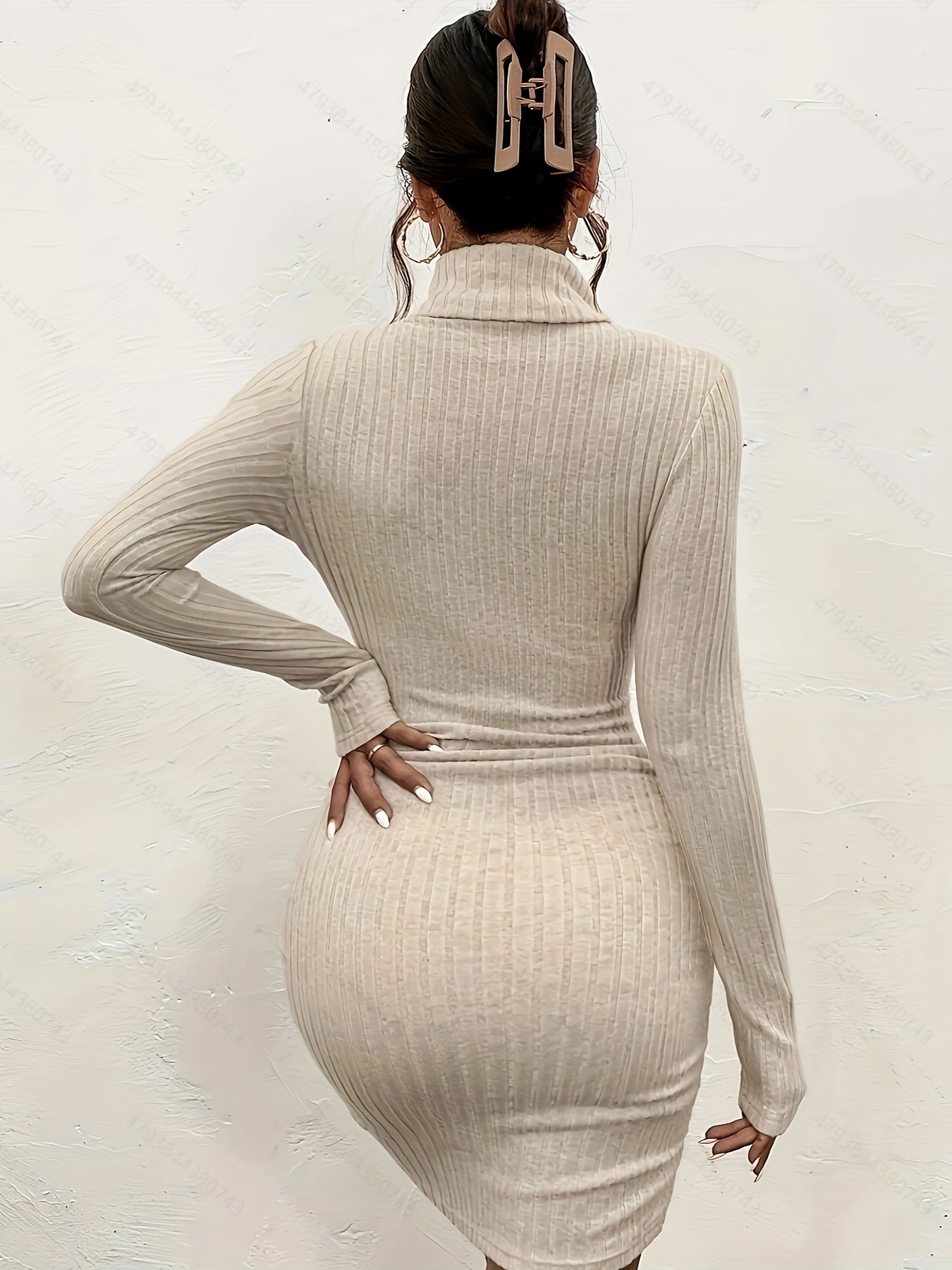 Sixsr Ribbed Turtleneck Solid Dress, Elegant Long Sleeve Bodycon Dress, Women's Clothing