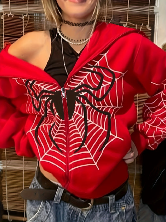 Sixsr Y2K Spider Print Zip Up Hoodie, Long Sleeve Hoodies Sweatshirt, Women's Clothing