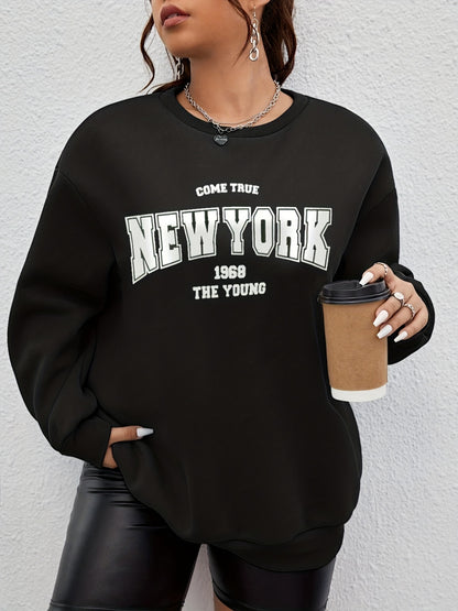 Sixsr Plus Size Casual Sweatshirt, Women's Plus Letter Print Drop Shoulder Long Sleeve Round Neck Sweatshirt