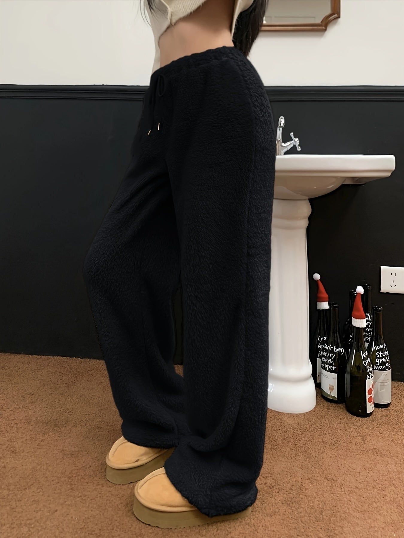 Sixsr Solid Teddy Drawstring Pants, Casual Straight Leg High Waist Pants, Women's Clothing