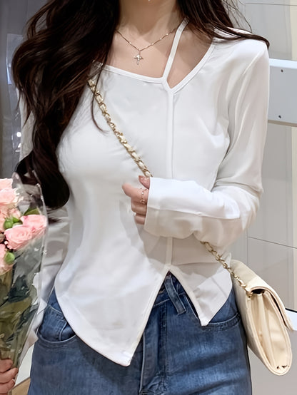 Sixsr Solid Asymmetric Neck T-Shirt, Stylish Long Sleeve Split Hem Top For Spring & Fall, Women's Clothing