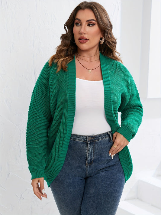 Sixsr Plus Size Solid Rib Knit Solid Cardigan, Women's Plus Casual Slight Stretch Drop Shoulder Cardigan