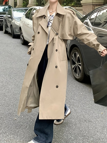 Sixsr Double Breasted Long Length Trench Coat, Casual Solid Long Sleeve Outerwear, Women's Clothing