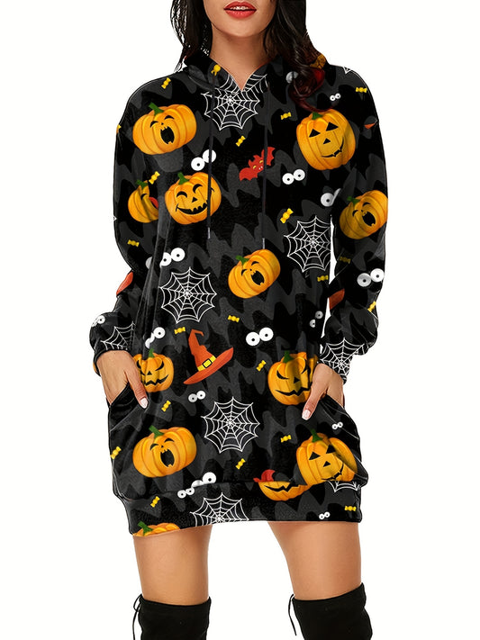 Sixsr Plus Size Halloween Casual Sweatshirt, Women's Plus Graphic Print Long Sleeve Drawstring Hooded Sweatshirt With Pockets