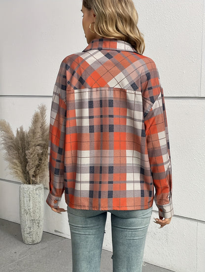 Sixsr Plaid Print Polo Collar Button Shirt, Casual Long Sleeve Shirt For Spring & Fall, Women's Clothing