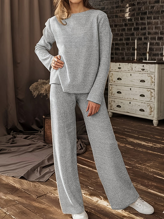 Sixsr Plus Size Casual Outfits Set, Women's Plus Heathered Long Sleeve Round Neck Top & Pants Outfits 2 Piece Set