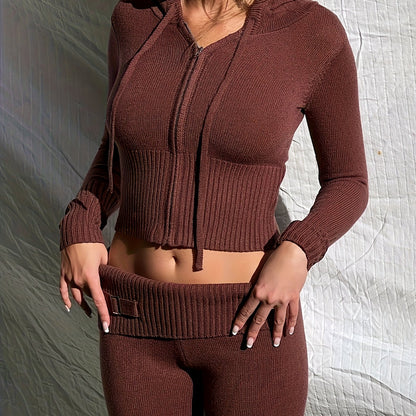 Sixsr Y2K Knitted Two-piece Set, Hooded Zipper Cardigan & High Waist Pants Outfits, Women's Clothing