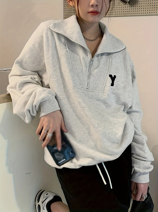 Sixsr Latter Pattern Print Half Zip Sweatshirt, Casual Long Sleeve Lapel Sweatshirt For Fall & Winter, Women's Clothing