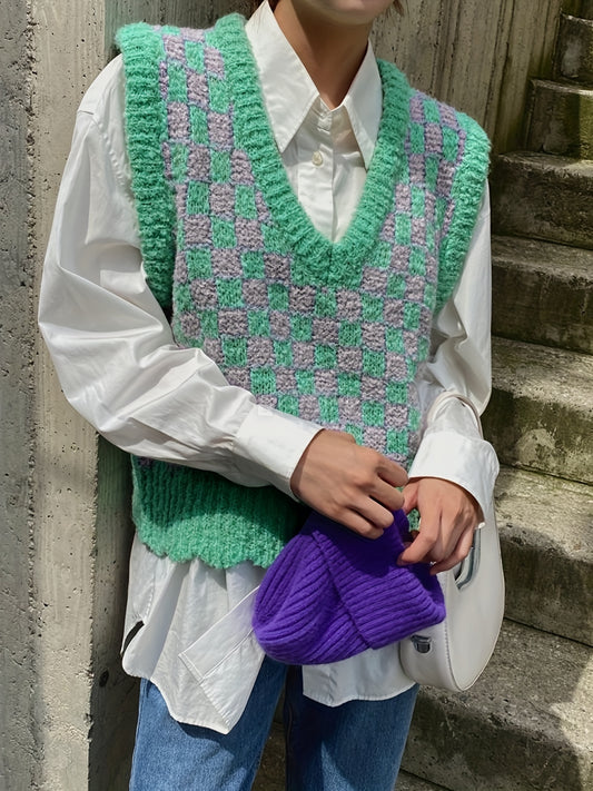 Sixsr Checker Pattern Sweater Vest, Sleeveless Casual Sweater For Fall & Spring, Women's Clothing