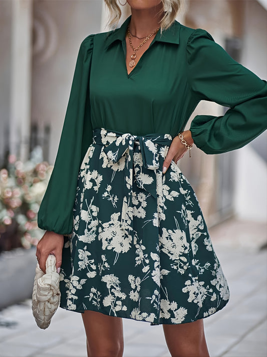 Sixsr Elegant V-neck Belt  Dress, Long Sleeve Print V-neck Lapel Waist Summer Dresses, Women's Clothing