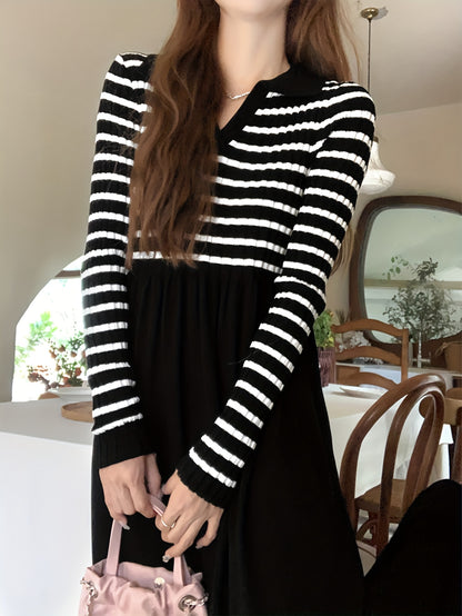 Contrast Stripe Notch Neck Knitted Dress, Casual Long Sleeve Sweater Dress, Women's Clothing