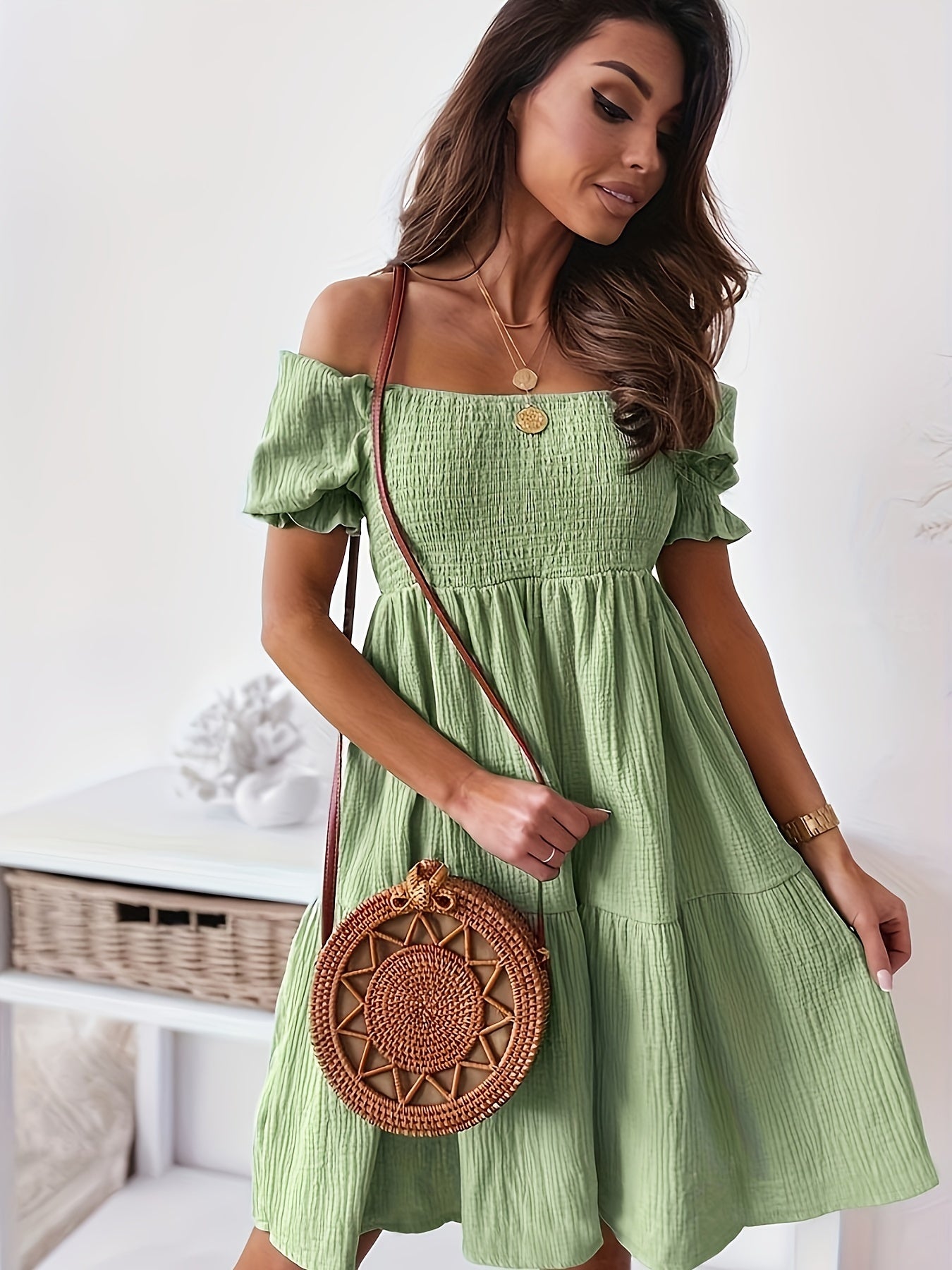 Off Shoulder Smocked Dress, Loose Vacation Casual Dress For Summer & Spring, Women's Clothing