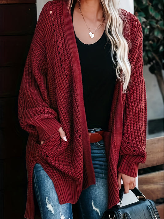 Sixsr Solid Open Front Hollow Knit Cardigan, Casual Long Sleeve Split Sweater Coat With Pocket, Women's Clothing