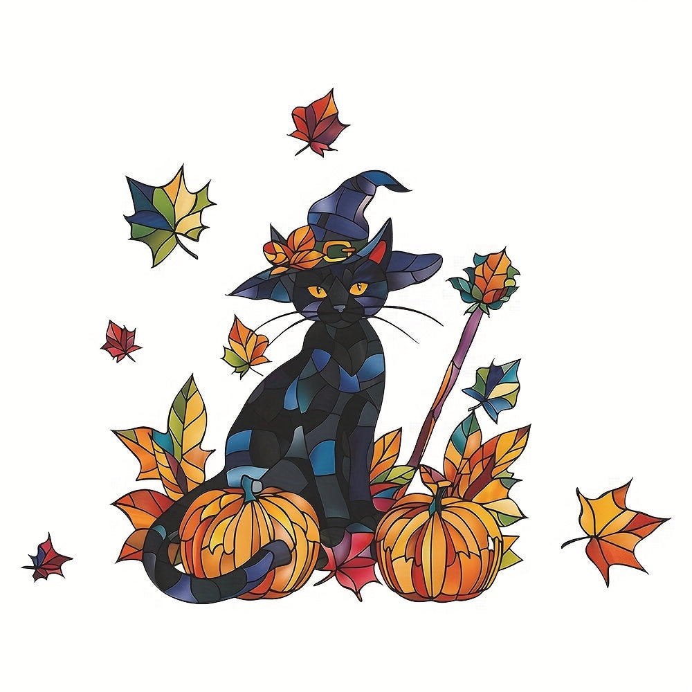 Festive Halloween Wall Decal: Black Cat, Pumpkins, and Fall Leaves - 38cm x 15inch - Contemporary Design - Self-Adhesive - Durable Vinyl - Perfect for Glass Windows and Doors