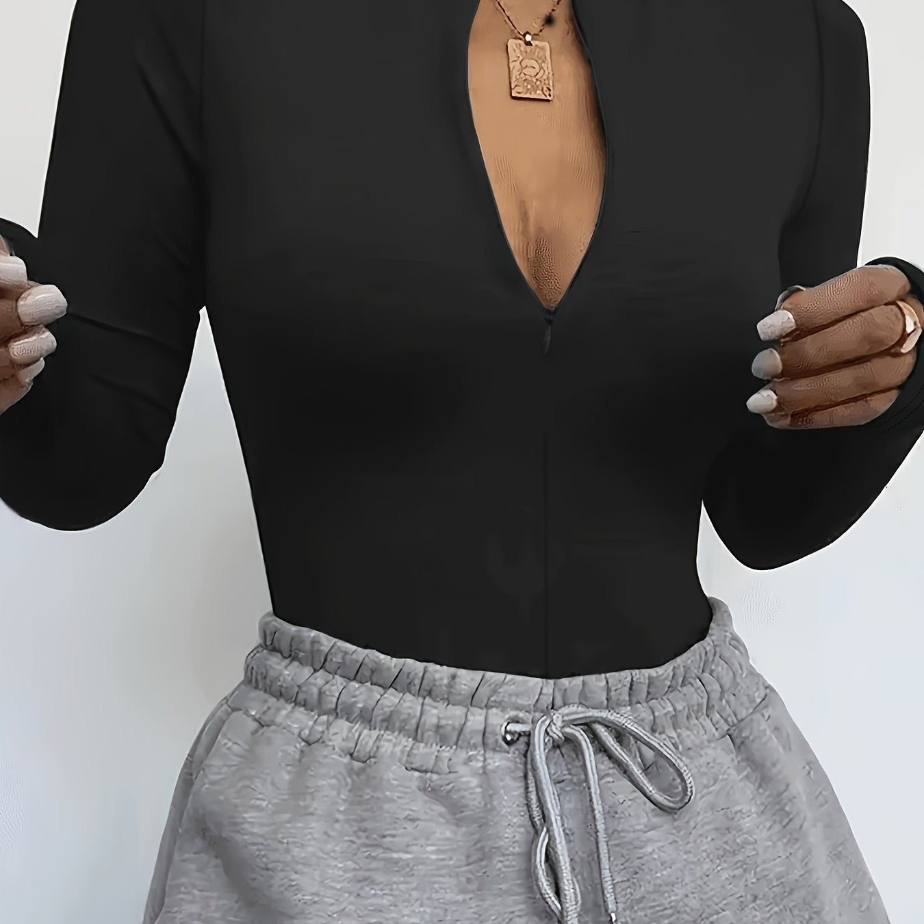 Solid Zip Up Mock Neck Bodysuit, Elegant Long Sleeve Slim Bodysuit, Women's Clothing