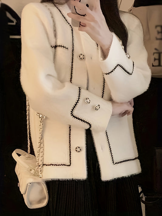 Sixsr Contrast Trim Button Front Cardigan, Chic Long Sleeve Cardigan, Women's Clothing