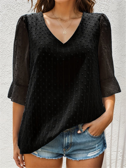 Sixsr V-neck Loose Chiffon Shirt, Casual 3/4 Long Sleeve Fashion Blouses Tops, Women's Clothing