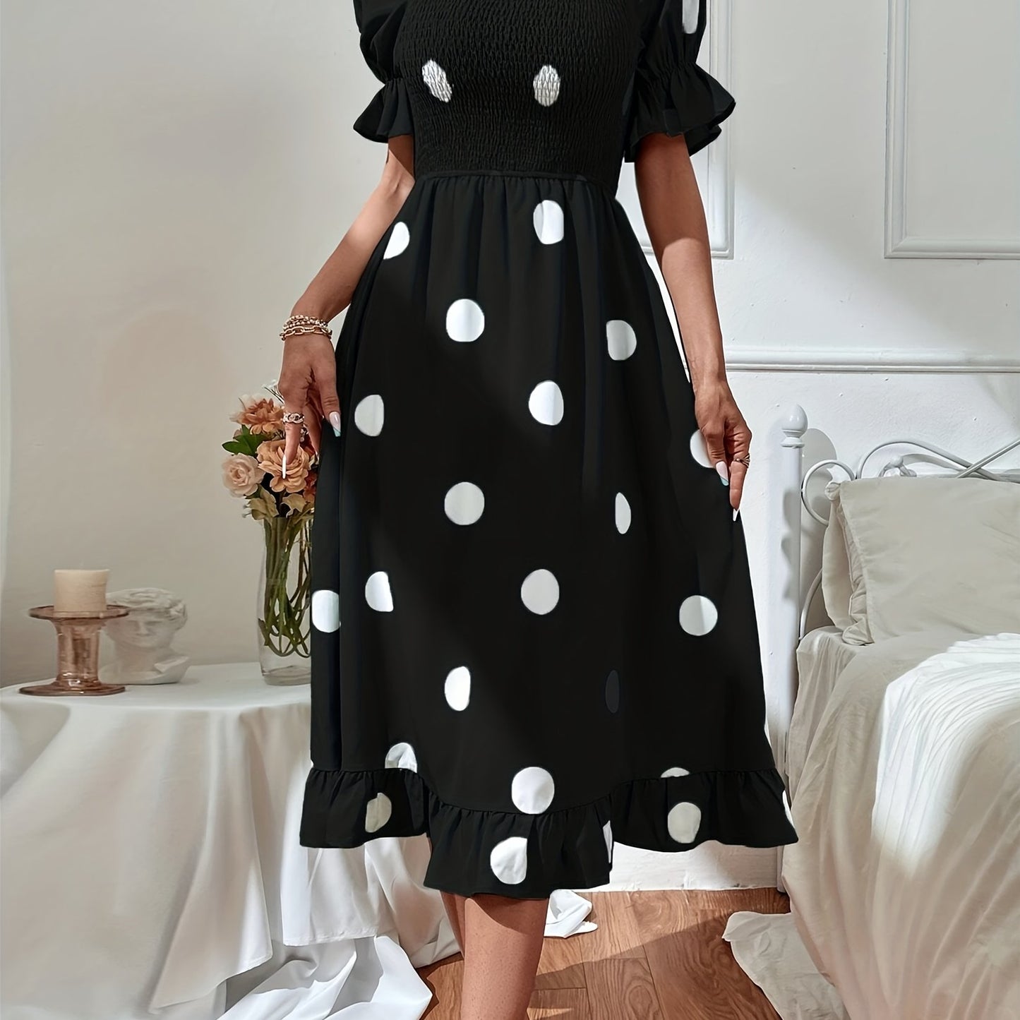 Polka Dot Ruffle Hem Dress, Casual Square Neck Short Sleeve Dress, Women's Clothing