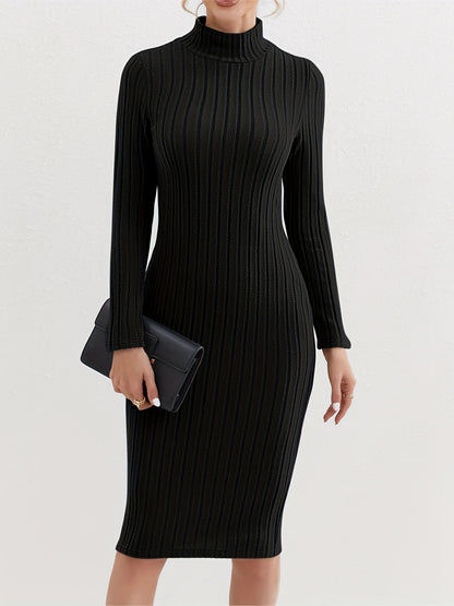 Sixsr Ribbed High Neck Dress, Elegant Solid Long Sleeve Bodycon Dress, Women's Clothing