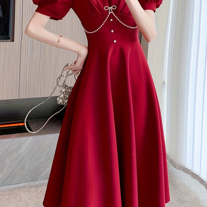 Sixsr Tucked Puff Sleeve Solid Dress, Elegant High Waist Party Midi Dress, Women's Clothing