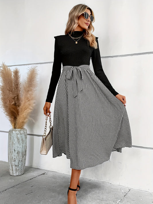 Sixsr Houndstooth Print Splicing Dress, Elegant Mock Neck Long Sleeve Dress, Women's Clothing