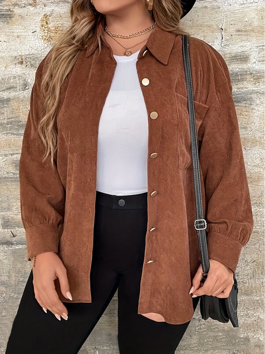 Sixsr Plus Size Casual Blouse, Women's Plus Solid Corduroy Button Up Long Sleeve Turn Down Collar Shacket