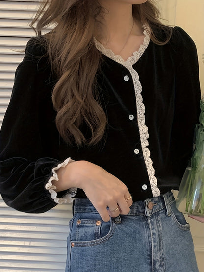 Sixsr Lace Stitching V-neck Velvet Blouse, Vintage Long Sleeve Button Front Blouse For Spring & Fall, Women's Clothing