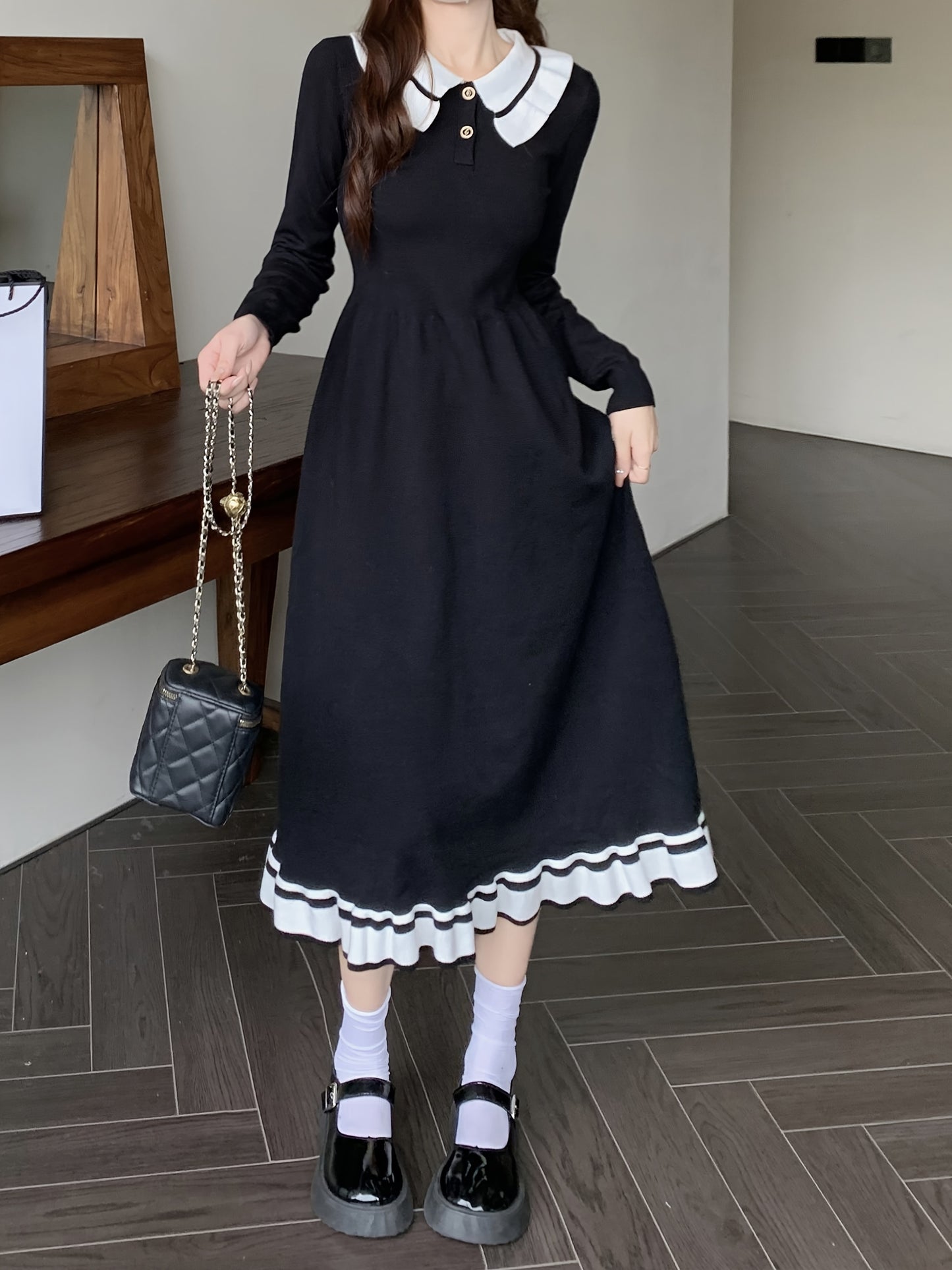 Sixsr Color Block Elegant Dress, Button Up Long Sleeve Dress For Spring & Fall, Women's Clothing