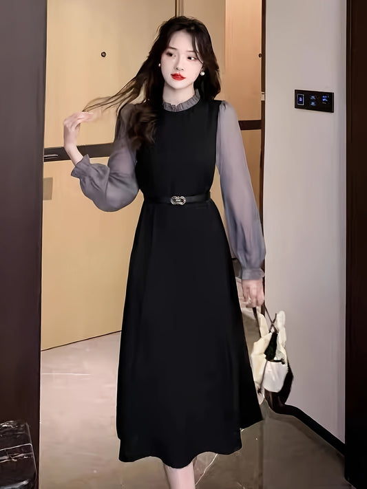 Sixsr Color Block Lettuce Trim Dress, Elegant Long Sleeve Midi Dress, Women's Clothing