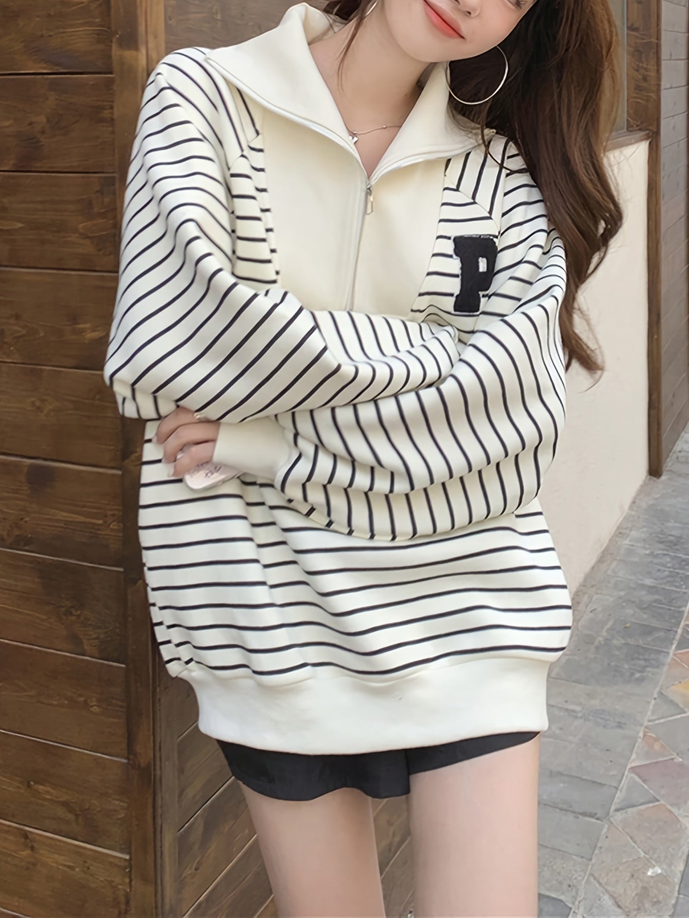 Sixsr Letter Patch Striped Print Sweatshirt, Casual Long Sleeve Quarter Zip Sweatshirt For Fall & Winter, Women's Clothing