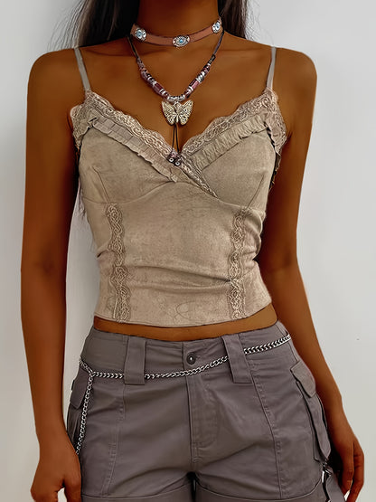 Sixsr Lace Contrast Slim Cami Top, YOUNG Solid Ruffle Hem Backless Cami Top, Women's Clothing