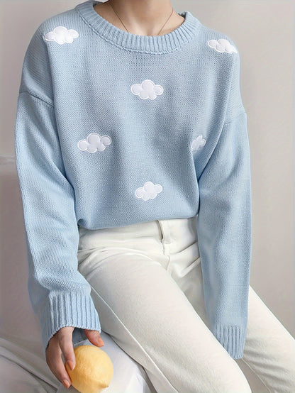 Sixsr Preppy Cloud Pattern Sweater, Long Sleeve Casual Cute Sweater For Winter & Fall, Women's Clothing