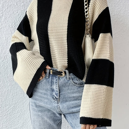 Color Block Crew Neck Sweater, Casual Long Sleeve Loose Sweater For Spring & Fall, Women's Clothing